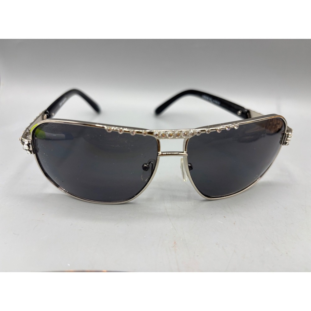 Louis Valentin Aviator Sunglasses Silver Frame Black Lenses Rhinestones‎ 3159LO